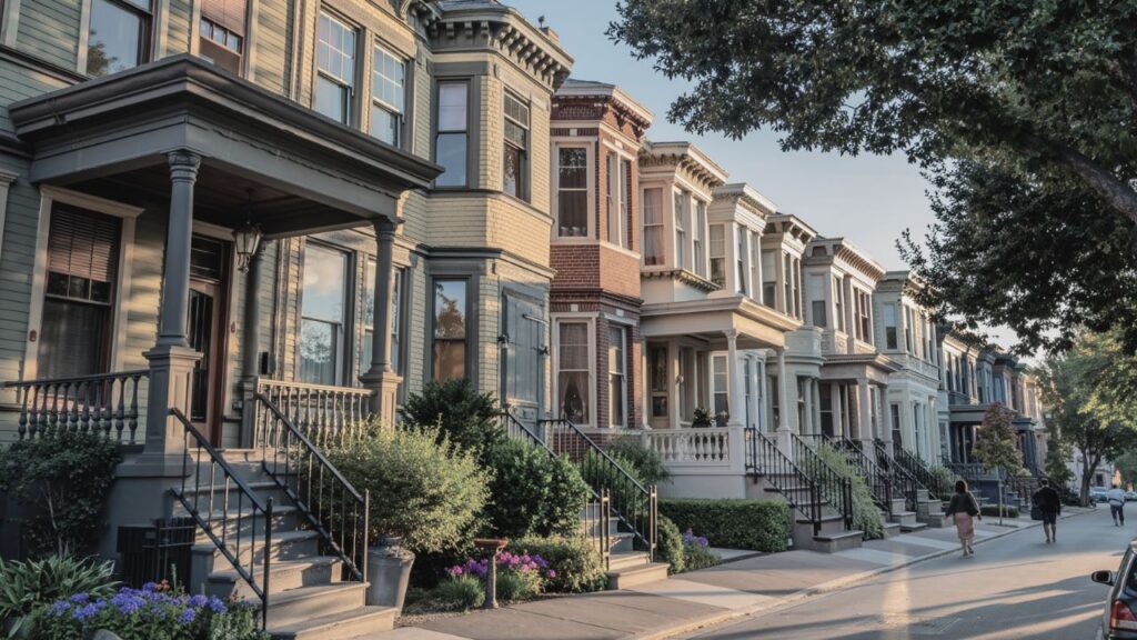 Row of classic Chicago townhomes lining a quiet residential street.