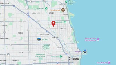 Map of Chicago showing the location of Roscoe Village.