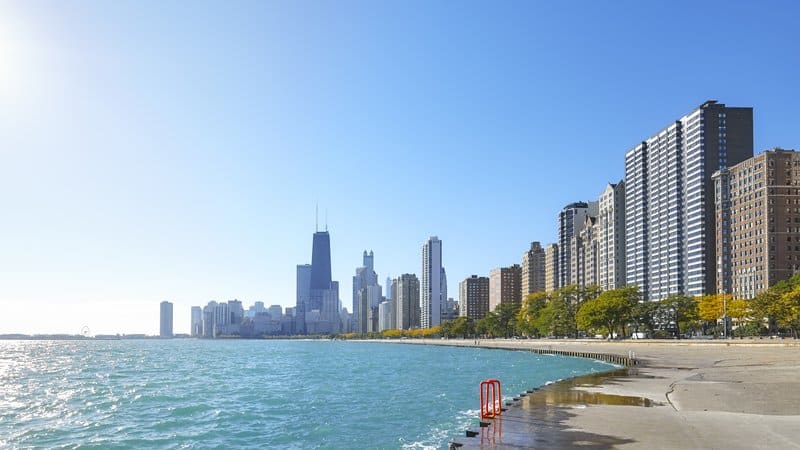 Chicago lakefront trail with Gold Coast high-rises and the downtown skyline along Lake Michigan