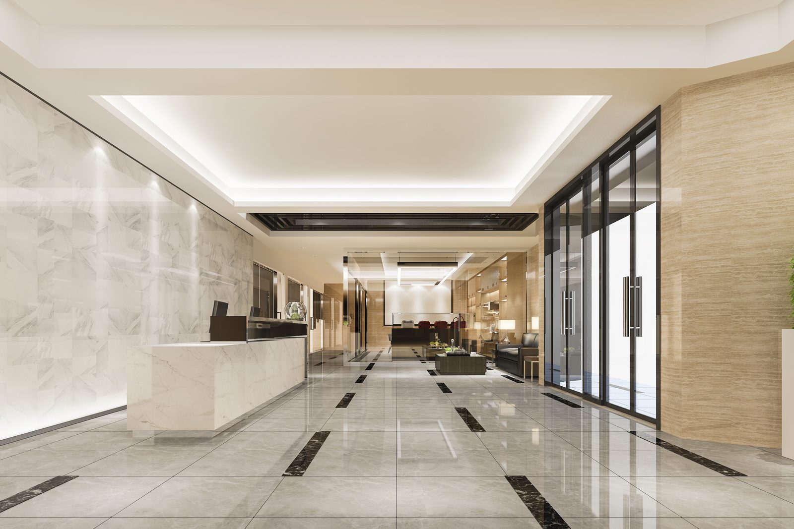 Condo building lobby with marble floors and a front desk