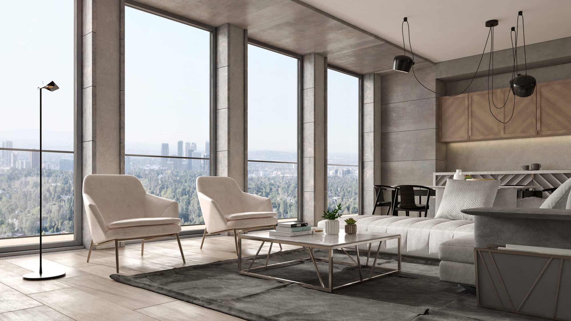 Loft-style luxury condo living room with concrete columns and floor-to-ceiling windows