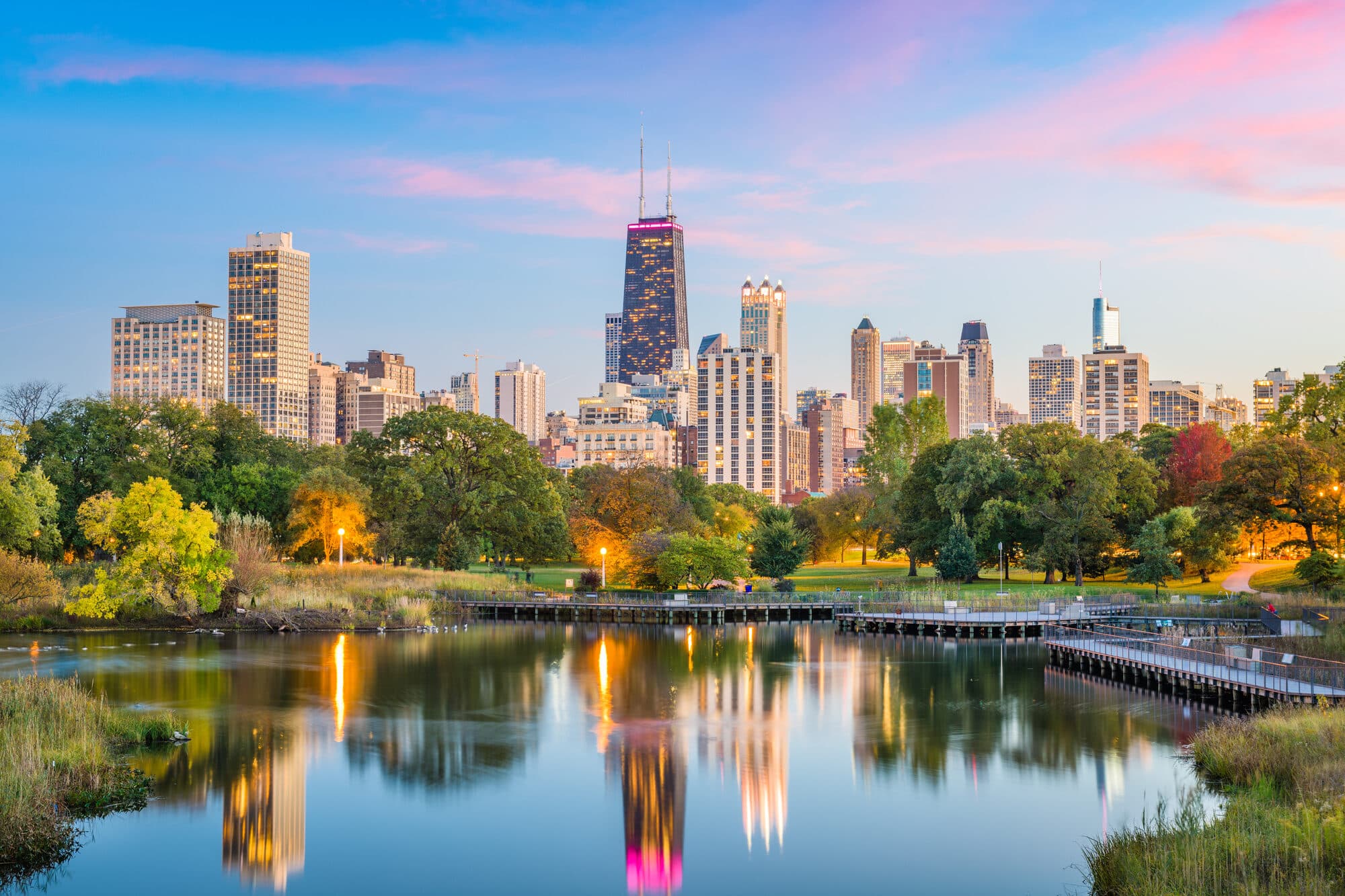 Lincoln Park South Pond with the Chicago skyline at sunset