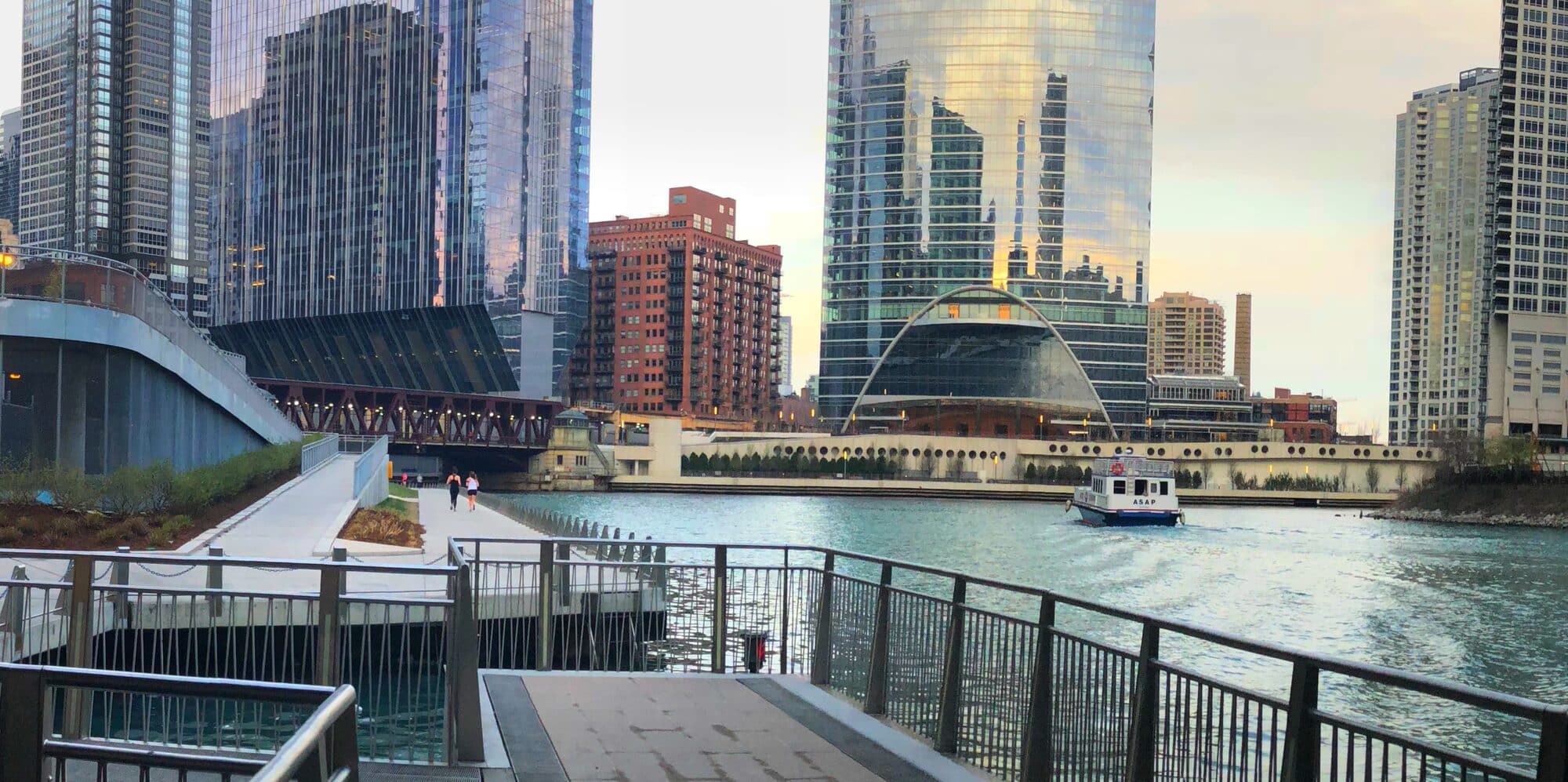 Chicago Riverwalk and River North high-rises along the Chicago River